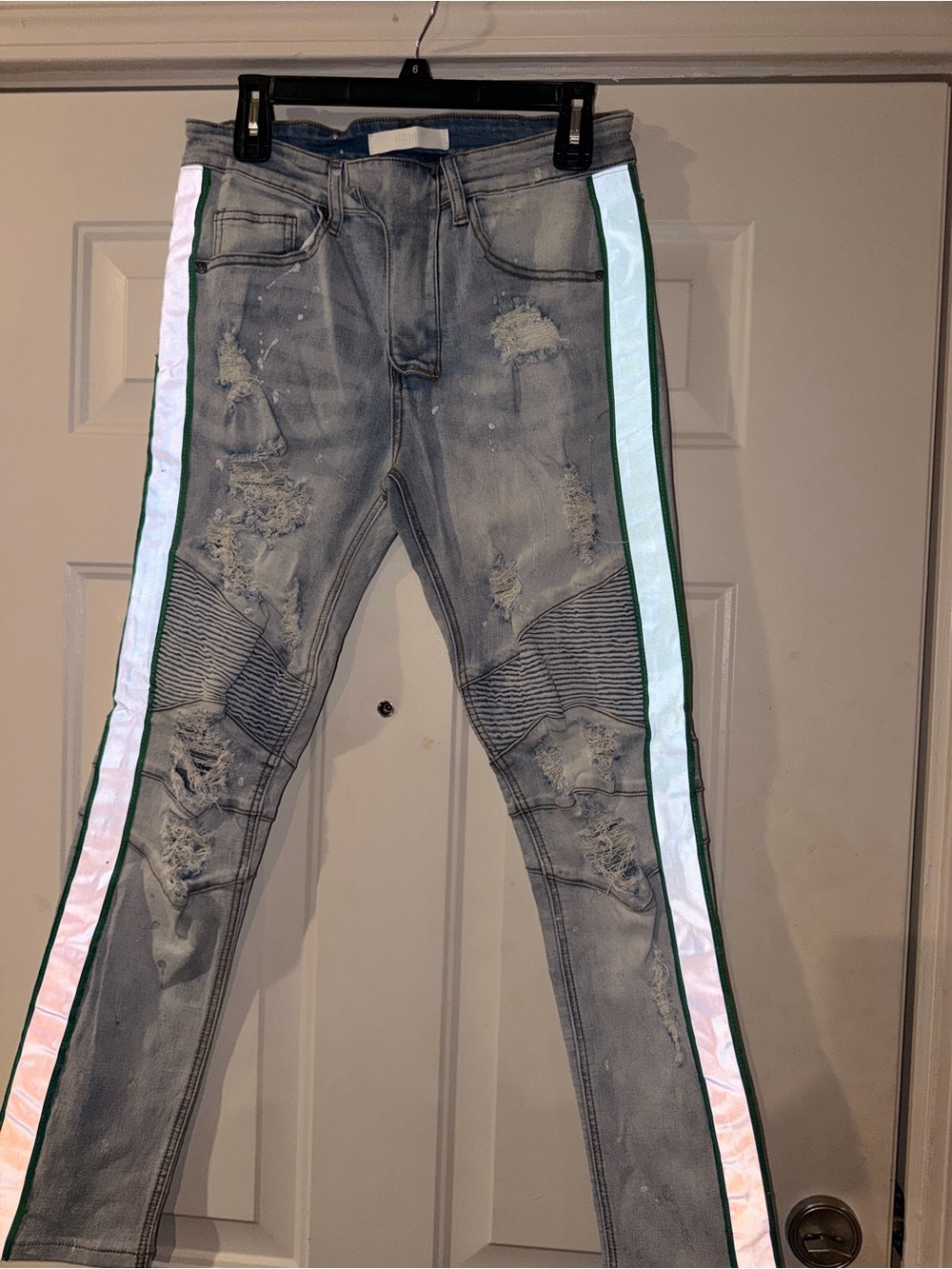 Distressed Gray Men’s Jeans with Reflective Side Stripes